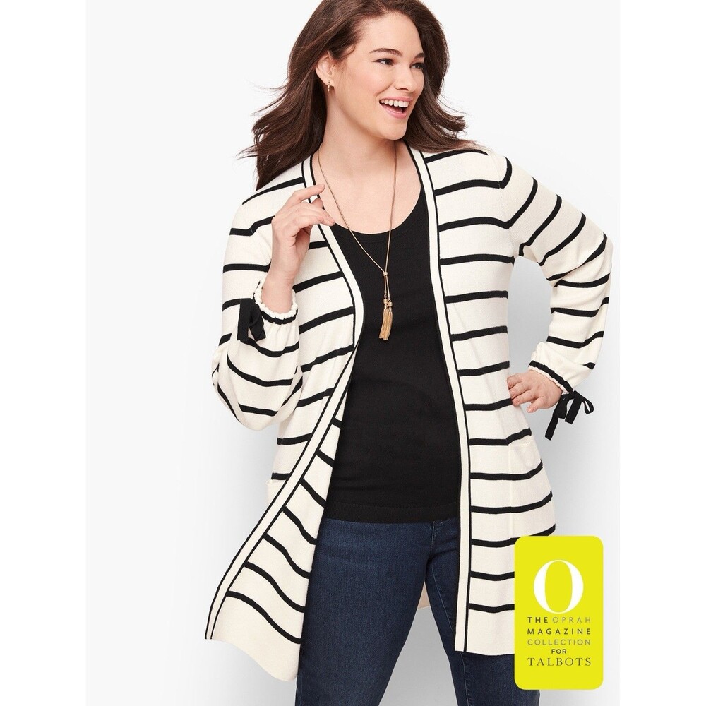 Talbots Oprah Black White Striped Long Sleeve Bow Cardigan XL Preppy Career Work